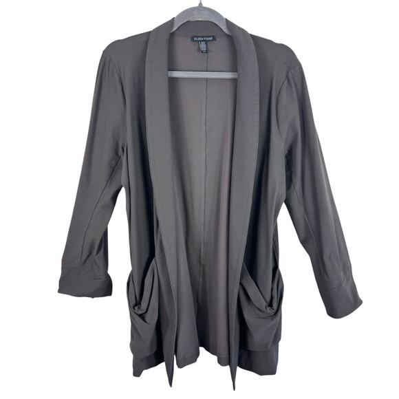 Eileen Fisher Rye Washable Crepe Slouchy Pocket Stretchy Open Kimono Tunic L - Picture 1 of 6